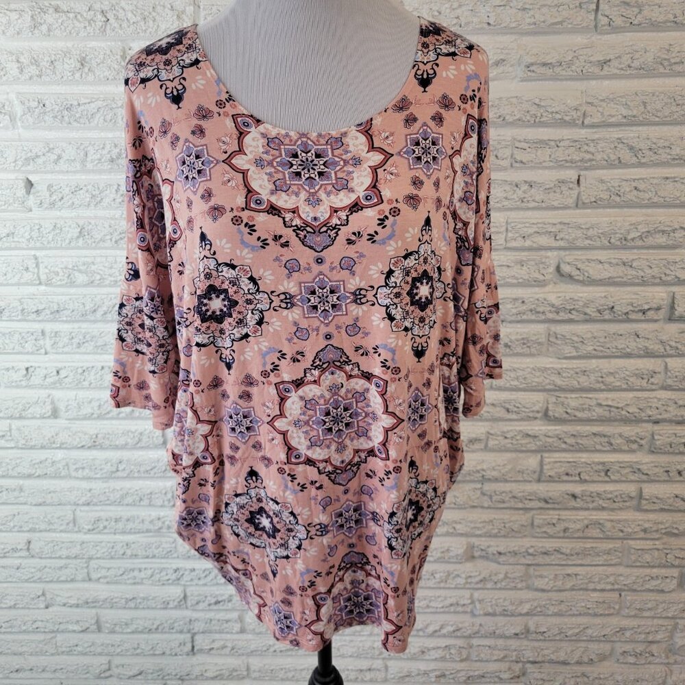 Agnes & Dora XL Tunic Top Pink Blue Geometric Mandala Boat Neck GEO23E